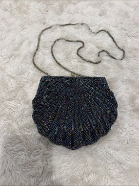 Beaded Shell Evening Crossbody Bag in Iridescent Blue